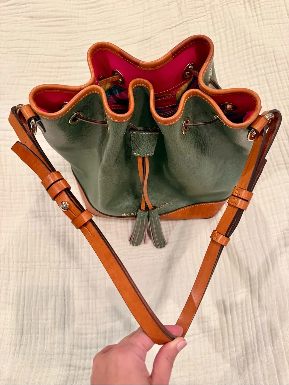 Dooney & Bourke Olive Green Leather Drawstring Bucket Bag w/ Tan Trim